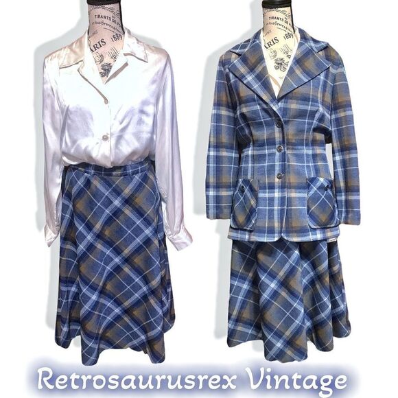 Vintage 70’s Twee Funky Plaid Jacket & Skirt Suit Set, Large, Trissi - Picture 1 of 8